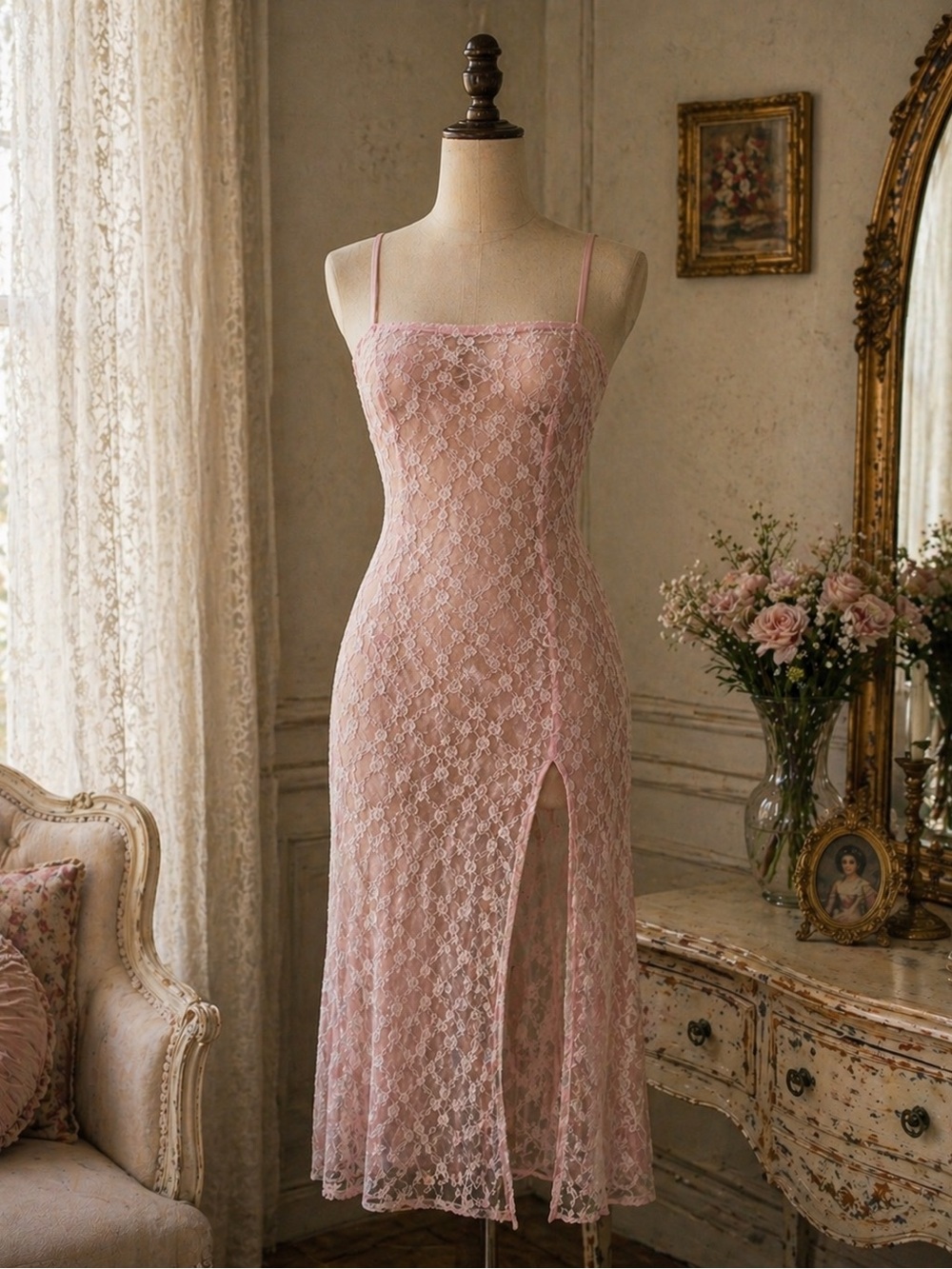 Blush Pink Lace Midi Slip Dress with Side Slit SHEER